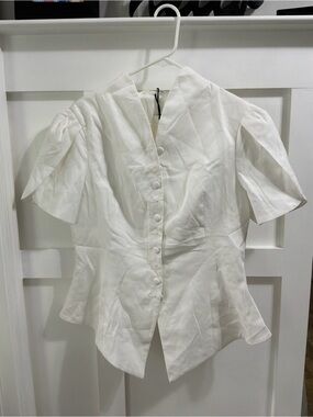 Commense White Button-Front Puff Sleeve Peplum Top